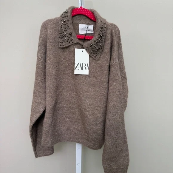 Zara Brown Sweater with Studded Collar kids 9-10 new with tags - Picture 2 of 5